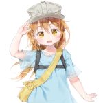  1girl :d arm_up bag blue_shirt blush brown_eyes brown_hair character_name collarbone commentary_request flat_cap grey_hat hat hataraku_saibou head_tilt long_hair looking_at_viewer open_mouth platelet_(hataraku_saibou) qlakwnd saluta shirt short_sleeves shoulder_bag simple_background smile solo very_long_hair white_background 