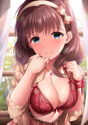  1girl backlighting bangs beige_sweater blue_eyes blush bow bra breasts brown_hair cardigan cleavage commentary_request curtains floral_print garana hairband high-waist_skirt highres idolmaster idolmaster_cinderella_girls jewelry lace lace-trimmed_bra large_breasts lens_flare light_particles looking_at_viewer necklace open_cardigan open_clothes pink_skirt red_bra ribbon sakuma_mayu short_hair skirt smile solo stenciled_rose sunlight sweat underwear waist window 