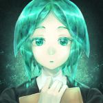  1other androgynous aqua_eyes aqua_hair clipboard colored_eyelashes crystal_hair gem_uniform_(houseki_no_kuni) green_eyes green_hair houseki_no_kuni looking_at_viewer phosphophyllite short_hair solo upper_body 