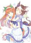  2girls animal_ears bow brown_hair closed_eyes ear_covers green_eyes hairband horse_ears horse_girl horse_tail hug hug_from_behind long_hair multicolored_hair multiple_girls open_mouth orange_hair pleated_skirt puffy_short_sleeves puffy_sleeves school_uniform short_hair short_sleeves silence_suzuka simple_background skirt special_week t-okada tail thigh-highs two-tone_hair umamusume white_background white_hairband white_legwear white_skirt 