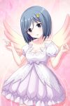  1girl alternative_girls angel angel_wings blue_eyes blush breasts bunny_hair_ornament cleavage collarbone cowboy_shot dress eyebrows_visible_through_hair frilled_dress frills grey_hair hair_ornament lavender_dress looking_at_viewer medium_breasts official_art orimiya_yui parted_lips pink_background puffy_short_sleeves puffy_sleeves short_hair short_sleeves simple_background smile standing white_dress wings 