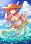  1girl bikini blue_sky breasts cleavage clouds day earrings fire_emblem fire_emblem:_rekka_no_ken fire_emblem_heroes flower green_eyes hand_on_headwear hat hat_flower highres jewelry medium_breasts midriff navel parted_lips priscilla_(fire_emblem) redhead see-through short_hair sky solo straw_hat swimsuit water yukimiyuki 