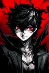  1boy amamiya_ren black_hair hankuri long_coat looking_at_viewer male_focus messy_hair persona persona_5 popped_collar portrait red_background red_eyes smile spot_color 