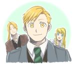  &gt;:d 1girl 2boys alphonse_elric bangs blonde_hair blue_background brothers close-up coat edward_elric eyebrows_visible_through_hair face fullmetal_alchemist gradient gradient_background happy long_hair looking_at_viewer multiple_boys necktie open_mouth shirt short_hair siblings simple_background smile upper_body vest white_background white_shirt winry_rockbell yellow_eyes 
