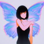  1girl black_hair butterfly_wings camisole closed_mouth green_eyes ilya_kuvshinov lips looking_to_the_side original purple_background short_hair solo upper_body wings 