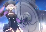  1girl :d bodysuit breasts fate/grand_order fate_(series) hair_over_one_eye head_mounted_display large_breasts mash_kyrielight no-kan open_mouth purple_hair shield short_hair smile solo violet_eyes 