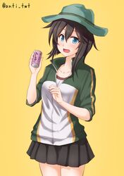  1girl anti_(untea9) black_hair black_skirt blue_eyes can commentary_request cowboy_shot green_hat hat hayasui_(kantai_collection) highres jacket kantai_collection looking_at_viewer multicolored multicolored_clothes multicolored_jacket open_mouth pleated_skirt shirt short_hair simple_background skirt smile soda_can solo standing twitter_username white_shirt yellow_background 