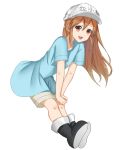  1girl :d black_footwear blue_shirt boots brown_eyes brown_hair brown_shorts character_name commentary_request flat_cap full_body grey_hat hat hataraku_saibou knee_boots leaning_forward long_hair looking_at_viewer open_mouth platelet_(hataraku_saibou) round_teeth shirt short_shorts short_sleeves shorts simple_background smile solo teeth upper_teeth user_awm7451 very_long_hair white_background 
