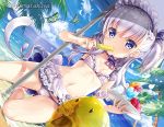  1girl apron azur_lane beach beach_umbrella belchan_(azur_lane) belfast_(azur_lane) blue_eyes braid breasts bug butterfly commentary_request day dutch_angle eating eyebrows_visible_through_hair fisheye food french_braid fujima_takuya horizon insect long_hair looking_at_viewer maid_bikini maid_headdress mouth_hold navel one_side_up outdoors popsicle side_braid silver_hair sitting small_breasts solo tray umbrella waist_apron water yokozuwari 