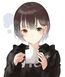  1girl bangs black_hoodie blush brown_eyes brown_hair closed_mouth clothes_writing commentary_request cup eyebrows_visible_through_hair fingernails head_tilt highres holding holding_cup hood hood_down hoodie long_sleeves looking_at_viewer mug original shii_(kairi-t-k0317) short_hair sleeves_past_wrists solo white_background 