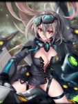  1girl ahoge artist_request breasts cleavage goggles goggles_on_head hair_between_eyes impossible_clothes laevateinn_(phantom_of_the_kill) large_breasts long_hair official_art phantom_of_the_kill red_eyes silver_hair thighs wind 