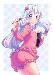  1girl :o ass bad_hands bangs blue_eyes blush bow cowboy_shot drawing_tablet eromanga_sensei frills gradient_hair hair_bow holding izumi_sagiri long_hair long_sleeves looking_at_viewer multicolored_hair neko-rina object_hug pajamas purple_hair shorts white_hair 