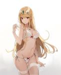  1girl aiko_(kanl) artist_name ass_visible_through_thighs backlighting bangs blonde_hair bra breasts brown_eyes cleavage cowboy_shot eyebrows_visible_through_hair gradient gradient_background hairband mythra_(xenoblade) large_breasts long_hair looking_at_viewer navel panties sheer_legwear side-tie_panties sidelocks simple_background solo standing strap_slip swept_bangs thigh-highs tiara underwear underwear_only white_bra white_legwear white_panties xenoblade_(series) xenoblade_2 