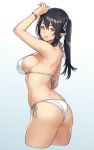  1girl armpits ass bangs bare_shoulders bikini black_hair bracelet breasts elf elf_(houtengeki) gradient gradient_background hand_up highres houtengeki jewelry large_breasts long_hair looking_at_viewer looking_back original parted_lips pointy_ears shiny shiny_hair side-tie_bikini sideboob sidelocks simple_background smile solo swimsuit twintails white_bikini yellow_eyes 