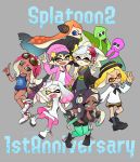  6+girls :&gt; agent_8 anniversary aori_(splatoon) beanie bike_shorts breasts casual cephalopod_eyes cleavage copyright_name crown earrings everyone fangs grey_background hat hime_(splatoon) hotaru_(splatoon) iida_(splatoon) inkling iwaohime jacket japanese_clothes jewelry kimono multiple_girls octoling pale_skin short_shorts shorts smile splatoon splatoon_2 splatoon_2:_octo_expansion squidbeak_splatoon symbol-shaped_pupils tentacle_hair v wristband zipper zipper_pull_tab 