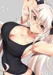  1girl arched_back armpits black_ribbon black_tank_top blush breasts cleavage collarbone commentary english_commentary eyebrows_visible_through_hair hair_between_eyes highres large_breasts long_hair midriff original pants ribbon smile tony_guisado twintails w white_hair yellow_eyes 