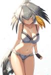  1girl backlighting blush bra breasts cleavage closed_mouth collarbone commentary cowboy_shot eyebrows_visible_through_hair fingerless_gloves gloves green_eyes grey_bra grey_panties guchico head_wings highres kemono_friends large_breasts looking_at_viewer navel panties sandstar shoebill_(kemono_friends) silver_hair simple_background solo tail thigh_gap underwear white_background 