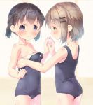  2girls bangs bare_arms bare_shoulders black_hair black_swimsuit blush breasts brown_hair cleavage collarbone commentary_request eyebrows_visible_through_hair green_eyes hair_ornament hairclip hand_up hands_together kuraue_hinata multiple_girls one-piece_swimsuit parted_lips pu-en pulled_by_another short_hair sidelocks small_breasts standing swimsuit swimsuit_pull twintails violet_eyes yama_no_susume yukimura_aoi yuri 