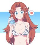  1girl absurdres bikini blue_eyes breasts brown_hair heart highres jar large_breasts long_hair malon milk nazonazo_(nazonazot) pointy_ears smile swimsuit the_legend_of_zelda the_legend_of_zelda:_ocarina_of_time 