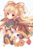  1girl absurdres animal_ears bangs blonde_hair blue_background blush brown_dress brown_legwear closed_mouth commentary_request dress eyebrows_visible_through_hair frilled_dress frills granblue_fantasy hair_between_eyes hair_ornament hair_ribbon hakuto_momiji harvin heart heart_in_eye highres long_hair long_sleeves looking_at_viewer looking_to_the_side mahira_(granblue_fantasy) object_hug puffy_long_sleeves puffy_sleeves red_eyes red_ribbon ribbon simple_background sleeves_past_wrists smile solo star star_in_eye symbol_in_eye thigh-highs very_long_hair 