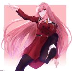  1girl absurdres black_pants boots darling_in_the_franxx dress eyebrows_visible_through_hair floating_hair from_below green_eyes hair_between_eyes hairband highres horns leg_up long_hair outstretched_arm pants parted_lips pink_hair red_dress signature solo very_long_hair white_hairband zero_two_(darling_in_the_franxx) 