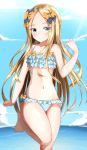  1girl abigail_williams_(fate/grand_order) absurdres bangs bare_arms bare_legs bare_shoulders barefoot bikini black_bow blonde_hair blue_bikini blue_eyes blue_sky bow closed_mouth clouds collarbone day eyebrows_visible_through_hair fate/grand_order fate_(series) forehead hair_bow hand_up highres horizon layered_bikini long_hair looking_at_viewer moyoron navel ocean orange_bow outdoors parted_bangs sky smile solo standing standing_on_one_leg swimsuit very_long_hair water 