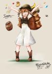  1girl bag brown_hair dress full_body green_eyes hat highres jewelry looking_at_viewer octopath_traveler open_mouth short_hair simple_background smile tressa_(octopath_traveler) yuyumi_yotuha 