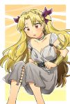  1girl armband blonde_hair blush cleopatra_(fate/grand_order) cleopatra_(fate/grand_order)_(cosplay) collar commentary_request cosplay dress earrings ereshkigal_(fate/grand_order) fate/grand_order fate_(series) hair_ribbon highres jewelry long_hair open_mouth purple_ribbon red_eyes ribbon sketch solo sweatdrop very_long_hair white_dress ya_(aoaoblue_0710) 