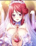  1girl artist_request blush bow breasts bridal_veil church cleavage detached_collar dress earrings eyebrows_visible_through_hair flower gem gloves hair_bow hair_flower hair_ornament holding_hand jewelry lapis_(phantom_of_the_kill) large_breasts long_hair necklace official_art open_mouth phantom_of_the_kill red_flower red_rose redhead rose shekinah_(phantom_of_the_kill) smile upper_body veil violet_eyes wedding_dress white_dress white_gloves 