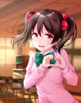  1girl black_hair blush bow bowtie classroom green_neckwear hair_ribbon hirako indoors looking_at_viewer love_live! love_live!_school_idol_project open_mouth red_eyes red_ribbon ribbon short_hair solo striped_neckwear twintails yazawa_nico 