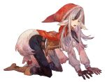  1girl animal_ears crawling fire_emblem fire_emblem_if hood shourou_kanna simple_background solo velour_(fire_emblem_if) white_background white_hair wolf_ears 