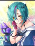  1girl aqua_hair artist_request blush eyes_visible_through_hair gloves hair_between_eyes hair_ornament hand_on_own_cheek helena_(phantom_of_the_kill) looking_at_viewer multicolored_hair official_art phantom_of_the_kill purple_gloves short_hair smile squatting toy_robot two-tone_hair yellow_eyes zipper 