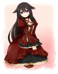  1girl alice_(pandora_hearts) black_hair bow dress eyebrows_visible_through_hair hekikuu_(kanaderuyume) highres long_hair long_sleeves open_mouth pandora_hearts red_bow red_dress solo very_long_hair violet_eyes 