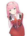  1girl :q absurdres aqua_eyes bangs breasts cowboy_shot darling_in_the_franxx dress eyebrows_visible_through_hair hairband highres horns leaning_forward long_hair looking_at_viewer medium_breasts necktie orange_neckwear pink_hair red_dress shiny shiny_hair short_necktie simple_background solo sparkle standing tongue tongue_out very_long_hair white_background white_hairband zero_two_(darling_in_the_franxx) 