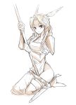  1girl armor breasts character_request cleavage gloves head_wings kara_(color) long_hair medium_breasts monochrome romancing_saga saga side_slit solo weapon 