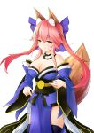  1girl absurdres animal_ears bare_shoulders blue_legwear blue_ribbon breasts cleavage detached_sleeves fang fate/extra fate/extra_ccc fate/grand_order fate_(series) fox_ears fox_tail hair_ribbon highres japanese_clothes large_breasts niseyo_(740909235) pink_hair ribbon simple_background solo sweat tail tamamo_(fate)_(all) tamamo_no_mae_(fate) white_background yellow_eyes 
