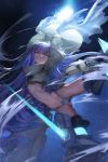  1girl arms_up black_background blue blue_eyes bow breasts ecien fate/extra fate/extra_ccc fate/grand_order fate_(series) grin hair_bow highres long_hair looking_at_viewer meltlilith navel purple_hair slender_waist small_breasts smile solo thigh-highs thighs under_boob very_long_hair white_bow 
