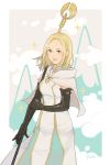  1girl blonde_hair blue_eyes blush dress gloves highres jewelry jivke long_hair looking_at_viewer octopath_traveler ophilia_(octopath_traveler) simple_background smile solo staff 