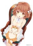  1girl :o animal animal_on_lap bangs breasts brown_hair cat cat_on_lap chains chemise cleavage collarbone eyebrows_visible_through_hair from_above hair_ribbon hazuki_natsu holding_paw lingerie looking_at_viewer medium_breasts mole mole_on_breast neck_ribbon open_mouth original ribbon see-through short_hair sitting solo spaghetti_strap twitter_username underwear white_background white_neckwear white_ribbon yellow_eyes 