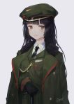  1girl aiguillette ano54 bangs black_hair black_neckwear blush breast_pocket brown_eyes closed_mouth collared_shirt eyebrows_visible_through_hair green_hat green_jacket grey_background hat highres jacket long_hair looking_at_viewer md5_mismatch military military_hat military_jacket military_uniform necktie original peaked_cap pocket shirt signature simple_background solo uniform very_long_hair white_shirt 