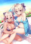  2girls :&lt; ahoge arm_up ayuma_sayu beach bikini black_bikini black_bow blue_bikini blush bow breasts cleavage collarbone commentary_request dark_skin day fate/grand_order fate_(series) flower front-tie_bikini front-tie_top hair_between_eyes hair_bow halterneck large_breasts long_hair looking_at_viewer multiple_girls navel ocean off_shoulder okita_souji_(alter)_(fate) okita_souji_(fate) okita_souji_(fate)_(all) outdoors parted_lips sand shiny shiny_skin sidelocks sitting skindentation strap_gap swimsuit tied_hair violet_eyes wariza water white_hair yellow_eyes 