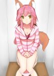  1girl absurdres animal_ears blush bra breasts cleavage collarbone fang fate/extra fate/extra_ccc fate_(series) fox_ears fox_tail highres large_breasts looking_away open_clothes open_shirt panties pink_bra pink_hair pink_panties sitting solo tail tamamo_(fate)_(all) tamamo_no_mae_(fate) underwear yellow_eyes 