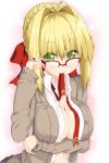  1girl absurdres ahoge blonde_hair borumete breasts commentary_request eyebrows_visible_through_hair fate/extra fate_(series) glasses green_eyes hair_ribbon highres large_breasts long_sleeves looking_at_viewer mouth_hold nero_claudius_(fate) nero_claudius_(fate)_(all) open_clothes over-rim_eyewear red-framed_eyewear red_neckwear red_ribbon ribbon semi-rimless_eyewear short_hair solo 