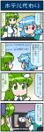  1other 2girls 4koma :&lt; artist_self-insert blue_eyes blue_hair blue_vest breasts chair comic commentary_request detached_sleeves eye_contact eyebrows_visible_through_hair frog_hair_ornament frown green_eyes green_hair hair_ornament hair_over_mouth hair_tubes heterochromia highres impossible_clothes impossible_shirt juliet_sleeves karakasa_obake kochiya_sanae kogasa-san&#039;s_father long_hair long_sleeves looking_at_another mizuki_hitoshi monitor multiple_girls open_mouth puffy_sleeves red_eyes shirt short_hair sideways_mouth sitting snake_hair_ornament sweat tatara_kogasa touhou translation_request triangle_mouth umbrella upper_body vest white_shirt 