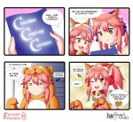  2girls animal_ears apron bell bell_collar blue_ribbon breasts cat_hair_ornament cat_paws collar commentary cosplay english english_commentary fangs fate/grand_order fate_(series) fox_ears gloves hair_ornament hair_ribbon highres jaguarman_(fate/grand_order) jaguarman_(fate/grand_order)_(cosplay) jingle_bell keita_naruzawa large_breasts looking_at_viewer maid_headdress multiple_girls paw_gloves paws pink_hair red_ribbon ribbon speech_bubble tamamo_(fate)_(all) tamamo_cat_(fate) tamamo_cat_(fate)_(cosplay) tamamo_no_mae_(fate) yellow_eyes 