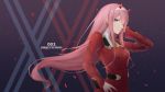  1girl aqua_eyes character_name copyright_name darling_in_the_franxx floating_hair hair_between_eyes hairband hand_in_hair hand_on_hip highres horns long_hair looking_at_viewer necktie petals pink_hair scal2let shiny shiny_hair short_necktie solo standing uniform upper_body very_long_hair white_hairband yellow_neckwear zero_two_(darling_in_the_franxx) 
