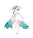  1girl armpits blue_eyes blue_hair bow collarbone dress floating_hair flower full_body green_bow green_ribbon hair_flower hair_ornament hand_on_headwear hat hat_bow hat_ribbon hatsune_miku head_tilt highres long_hair looking_at_viewer open_mouth ribbon simple_background sleeveless sleeveless_dress solo standing strapless strapless_dress sun_hat twintails very_long_hair vocaloid white_background white_dress white_flower white_hat yyb 