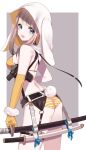  1girl :d animal_ears ass bare_arms bare_shoulders bikini blue_eyes border breasts brown_hair bunny_tail copyright_request cowboy_shot elbow_gloves fang from_behind gloves grey_background gun highres holster hood horizontal_stripes katana looking_at_viewer looking_back misumi_(macaroni) open_mouth orange_bikini orange_gloves rabbit_ears sideboob sidelocks single_glove smile solo strap_gap striped striped_bikini swimsuit sword tail weapon white_border white_hood 