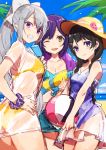  3girls ball beach beachball bikini black_hair blue_eyes braid food grin hand_on_hip hat highres higuchi_kaede looking_at_viewer mika_pikazo multiple_girls nijisanji one_eye_closed ponytail popsicle purple_hair scrunchie see-through shizuka_rin short_hair silver_hair sketch smile swimsuit swimsuit_under_clothes tsukino_mito twin_braids violet_eyes water_gun wrist_scrunchie yellow_eyes 