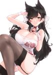  1girl alternate_costume animal_ears ass atago_(azur_lane) azur_lane bangs black_hair black_legwear blush breasts bridal_gauntlets brown_eyes china_dress chinese_clothes cleavage cleavage_cutout closed_mouth dress extra_ears eyebrows_visible_through_hair garter_straps gloves hair_ribbon hand_on_own_breast hand_up highres knee_up large_breasts long_hair looking_at_viewer minikon mole mole_under_eye ribbon simple_background single_glove skindentation smile solo swept_bangs thigh-highs thighs white_background white_dress white_ribbon wristband 